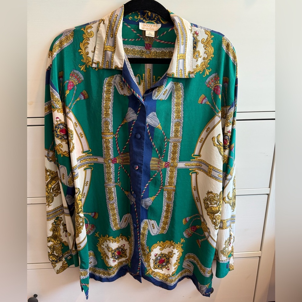 Vintage Royal Silk Pattern Button Down Top Blouse